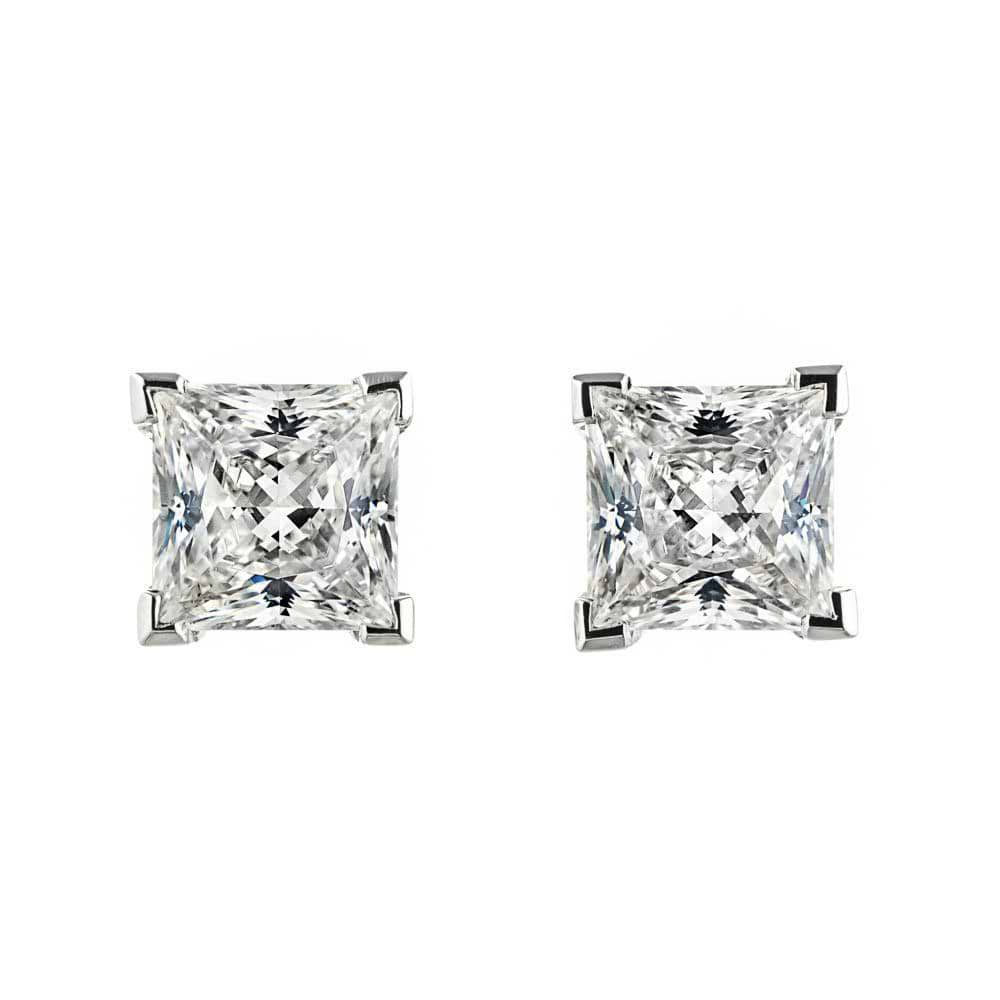 Princess Cut Scroll Stud Earrings in 14K White Gold 