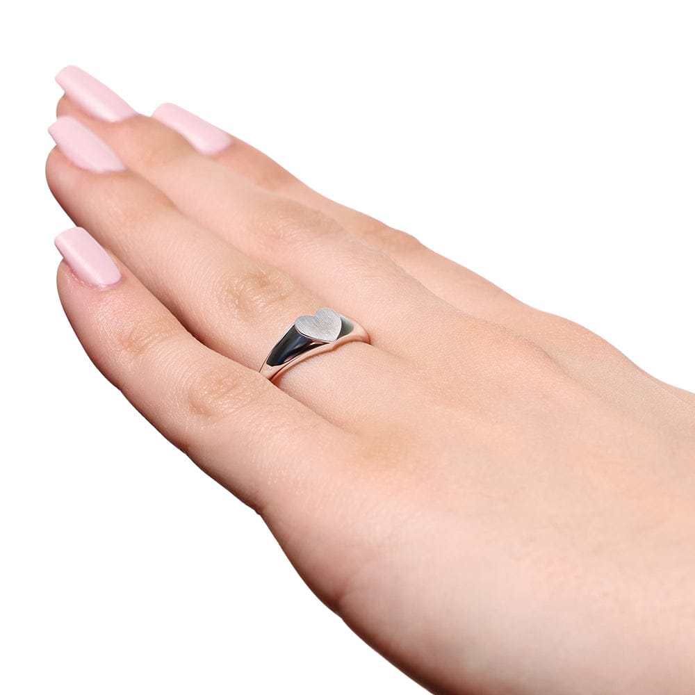 Heart Signet Ring in 14K White Gold|signet engravable ring with heart shape center in 14k white gold
