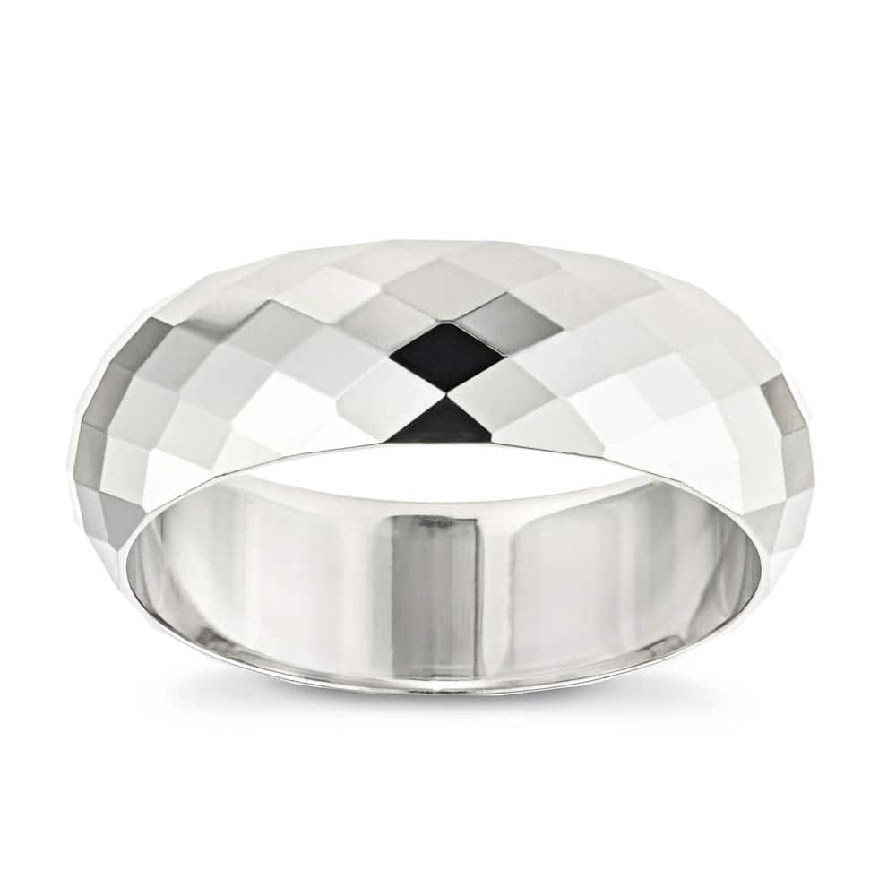 Mens Wedding Band with a diamond shaped carved design with rounded edges for comfort in recycled 14K white gold 