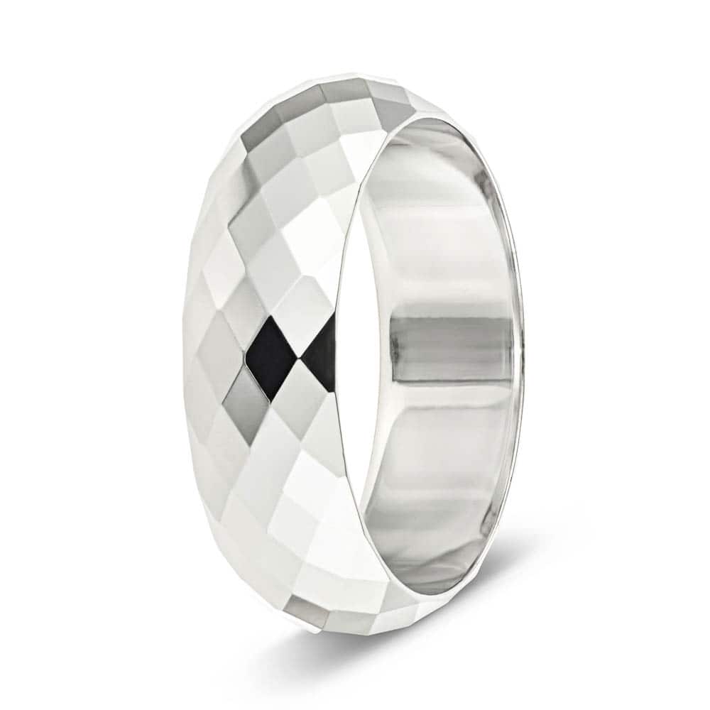 Mens Wedding Band with a diamond shaped carved design with rounded edges for comfort in recycled 14K white gold 