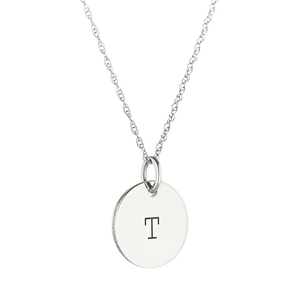 Solid Initial &quot;T&quot; Disc Necklace in 14K white gold 