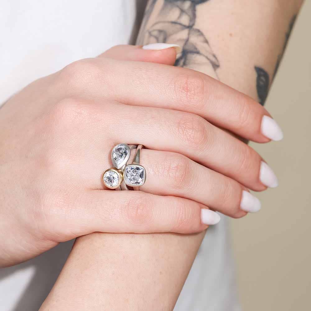Shown here stacked with the Calendula Satin Finish Petite and the Burlock Satin Finish Ring|double Lab Grown Diamond Engagement