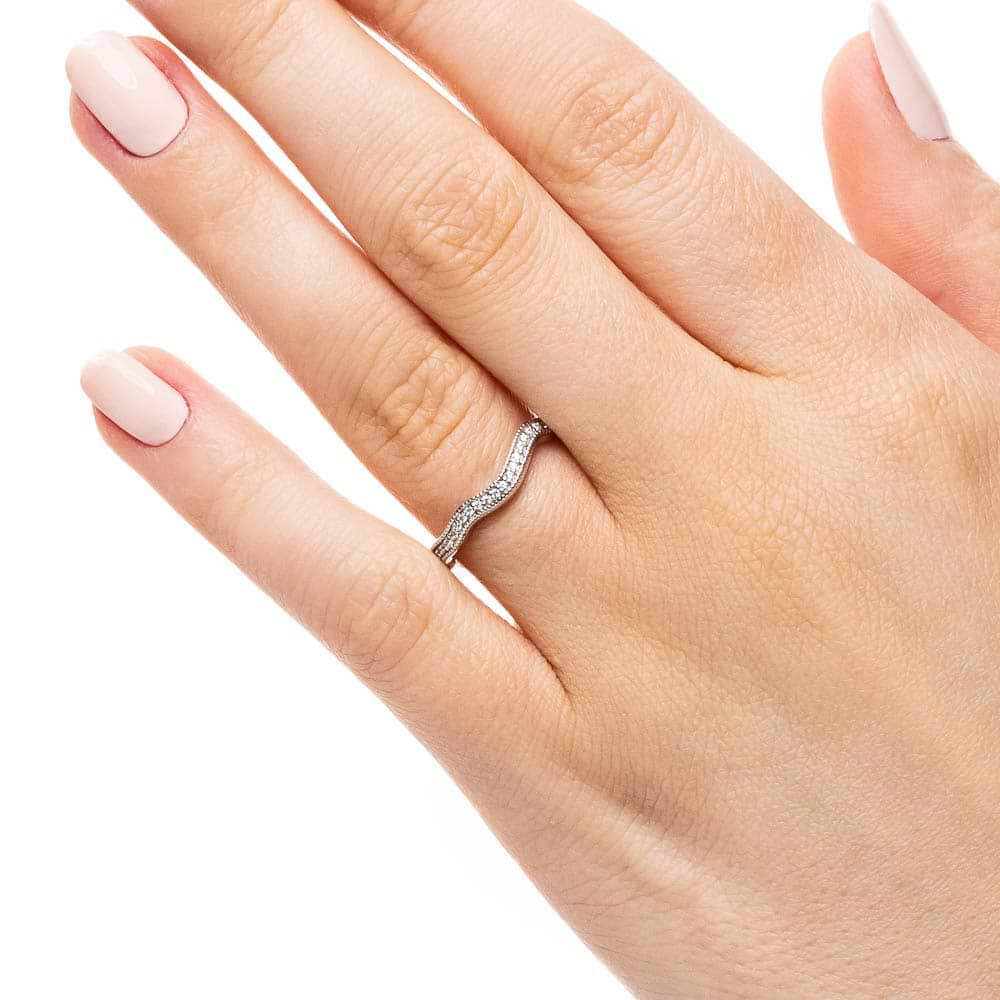 Stark curved wedding band with accenting diamonds and filigree detailing in recycled 14K white gold made to fit the Stark Engagement ring | Curved wedding band accenting diamonds filigree detailing recycled 14K white gold
