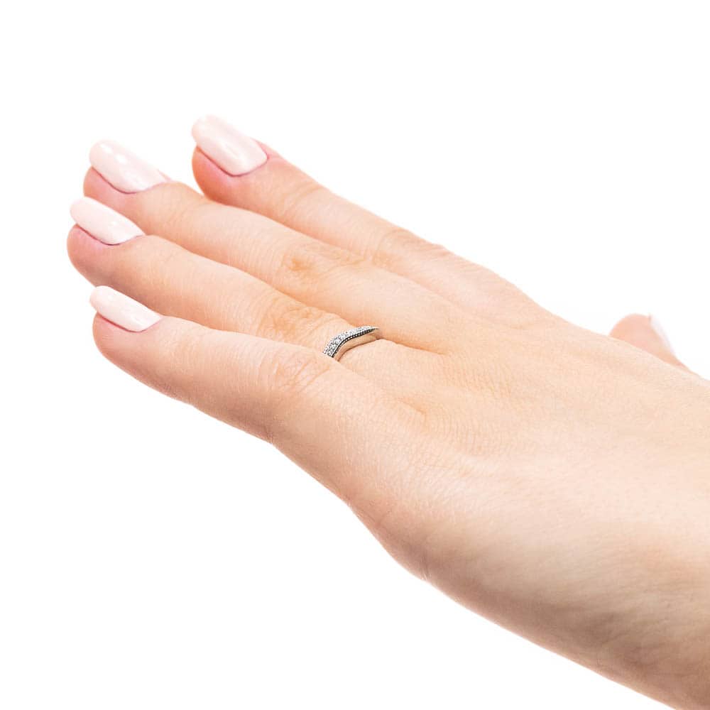Stark curved wedding band with accenting diamonds and filigree detailing in recycled 14K white gold made to fit the Stark Engagement ring | Curved wedding band accenting diamonds filigree detailing recycled 14K white gold