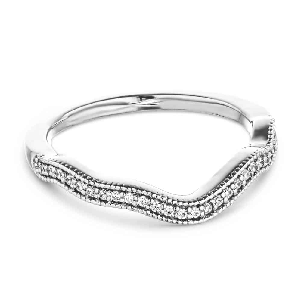 Stark curved wedding band with accenting diamonds and filigree detailing in recycled 14K white gold made to fit the Stark Engagement ring | Curved wedding band accenting diamonds filigree detailing recycled 14K white gold