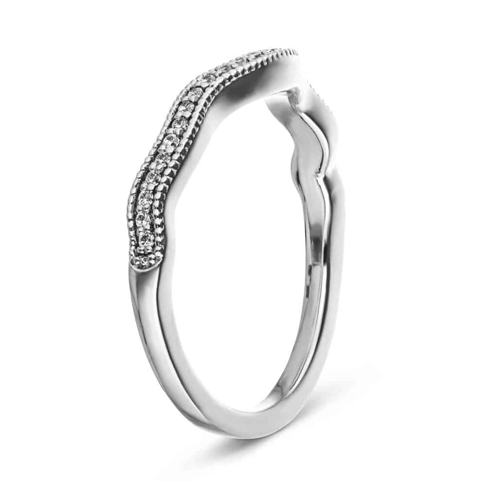 Stark curved wedding band with accenting diamonds and filigree detailing in recycled 14K white gold made to fit the Stark Engagement ring | Curved wedding band accenting diamonds filigree detailing recycled 14K white gold