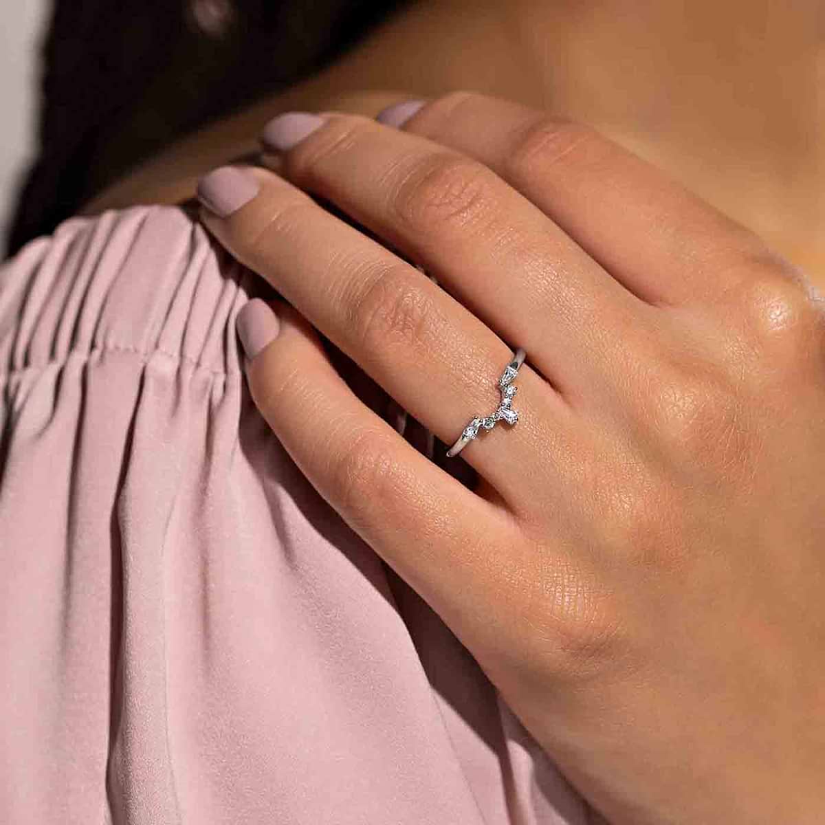Sunset Accented Wedding Band Shown in 14K White Gold|sunset lab grown diamond accented contour wedding band shown in 14k white gold metal