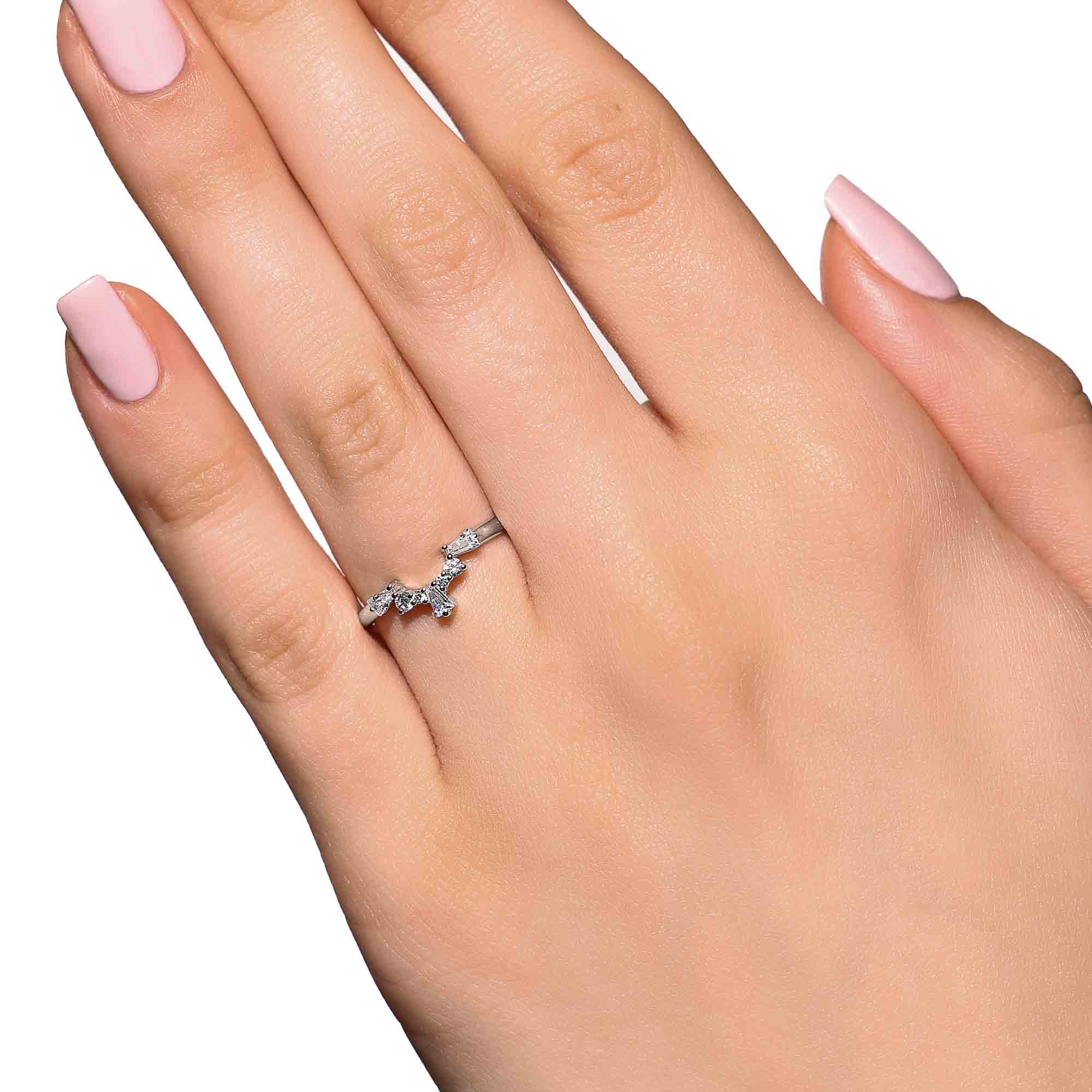 Sunset Accented Wedding Band Shown in 14K White Gold|sunset lab grown diamond accented contour wedding band shown in 14k white gold metal