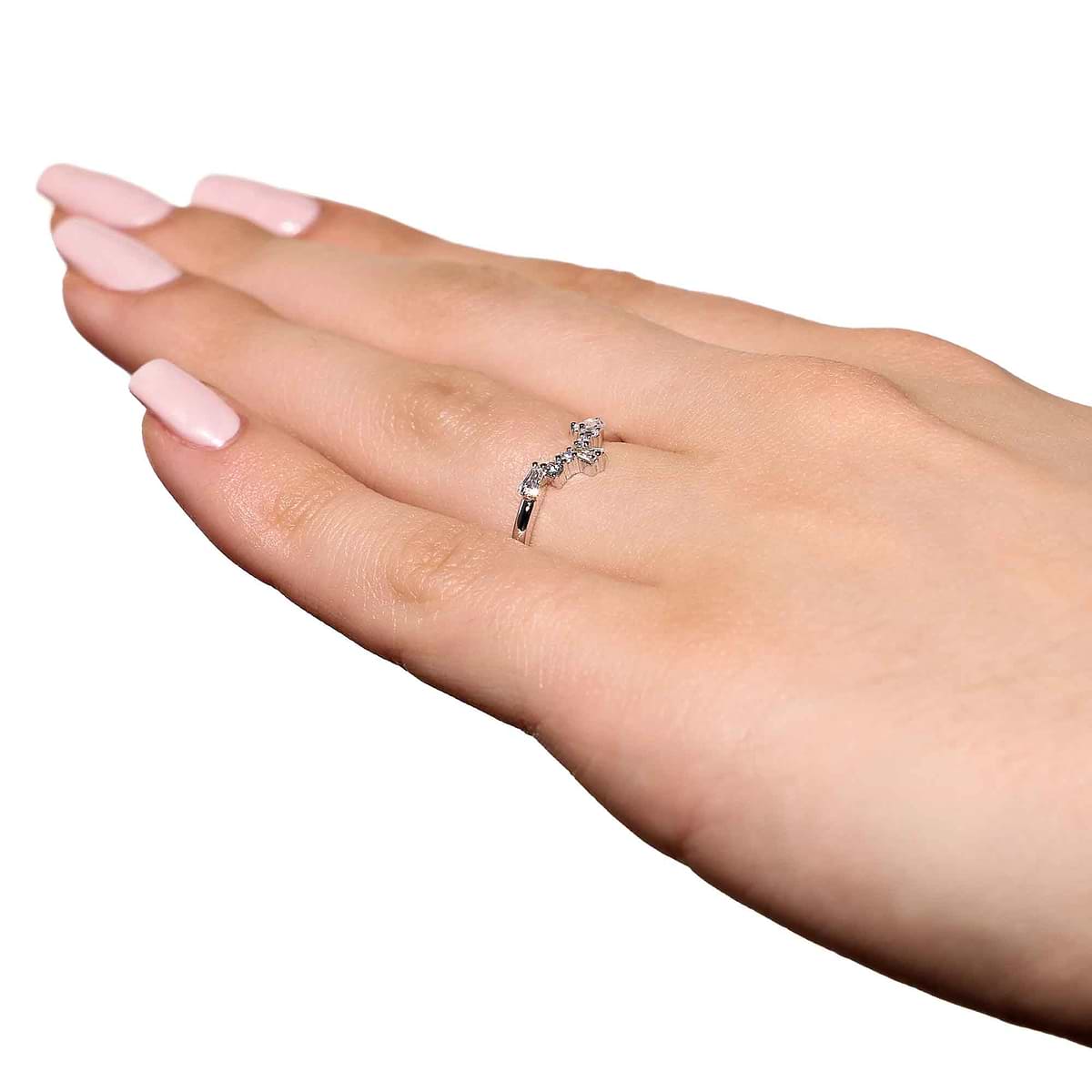 Sunset Accented Wedding Band Shown in 14K White Gold|sunset lab grown diamond accented contour wedding band shown in 14k white gold metal