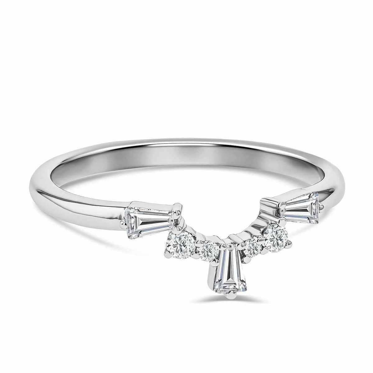 Sunset Accented Wedding Band Shown in 14K White Gold|sunset lab grown diamond accented contour wedding band shown in 14k white gold metal