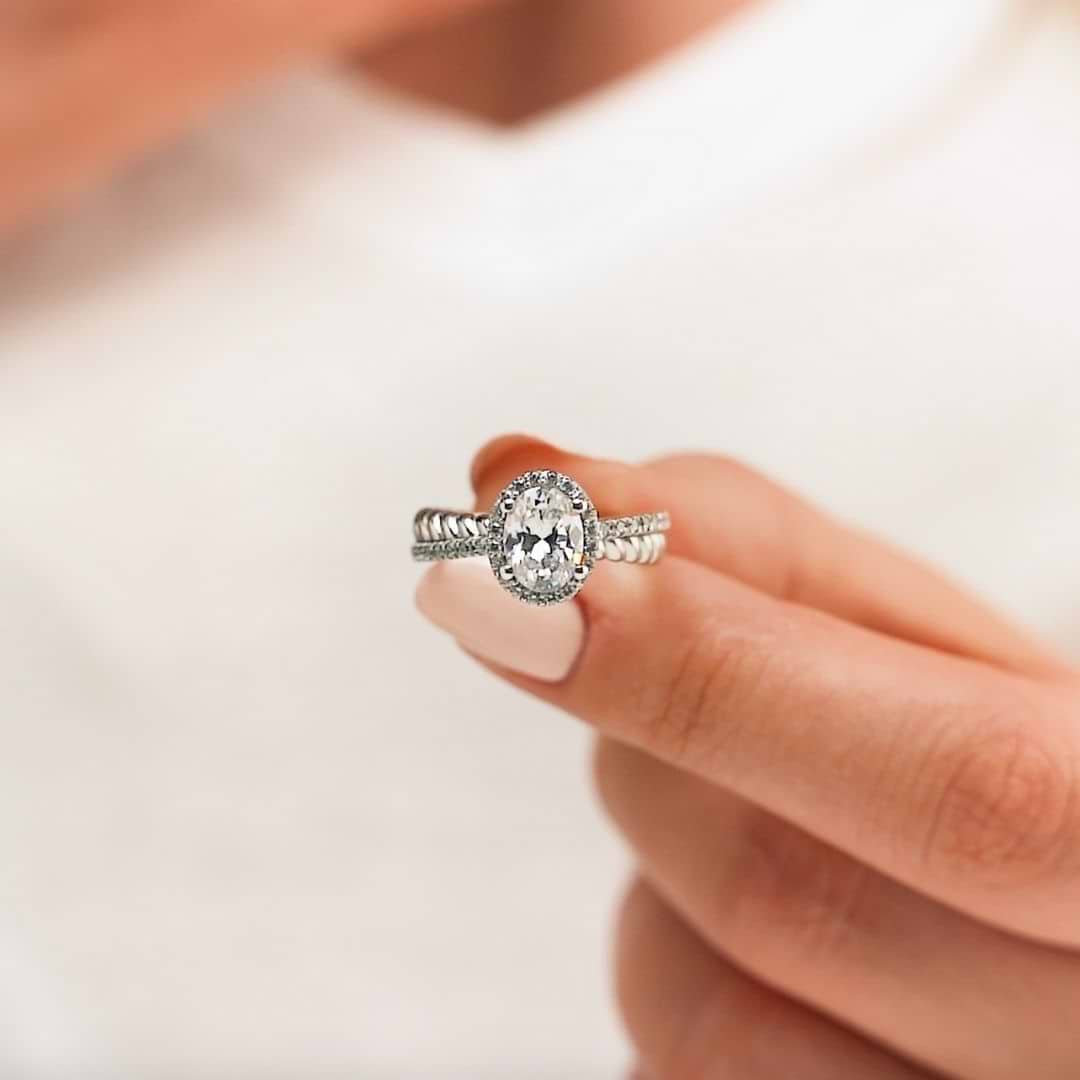 Terwilliger Two Tone Engagement Ring shown with a 1.25ct oval cut Lab-Grown Diamond in recycled 14K white and rose gold. | Terwilliger Two Tone Engagement Ring 1.25ct oval cut Lab-Grown Diamond recycled 14K white and rose gold