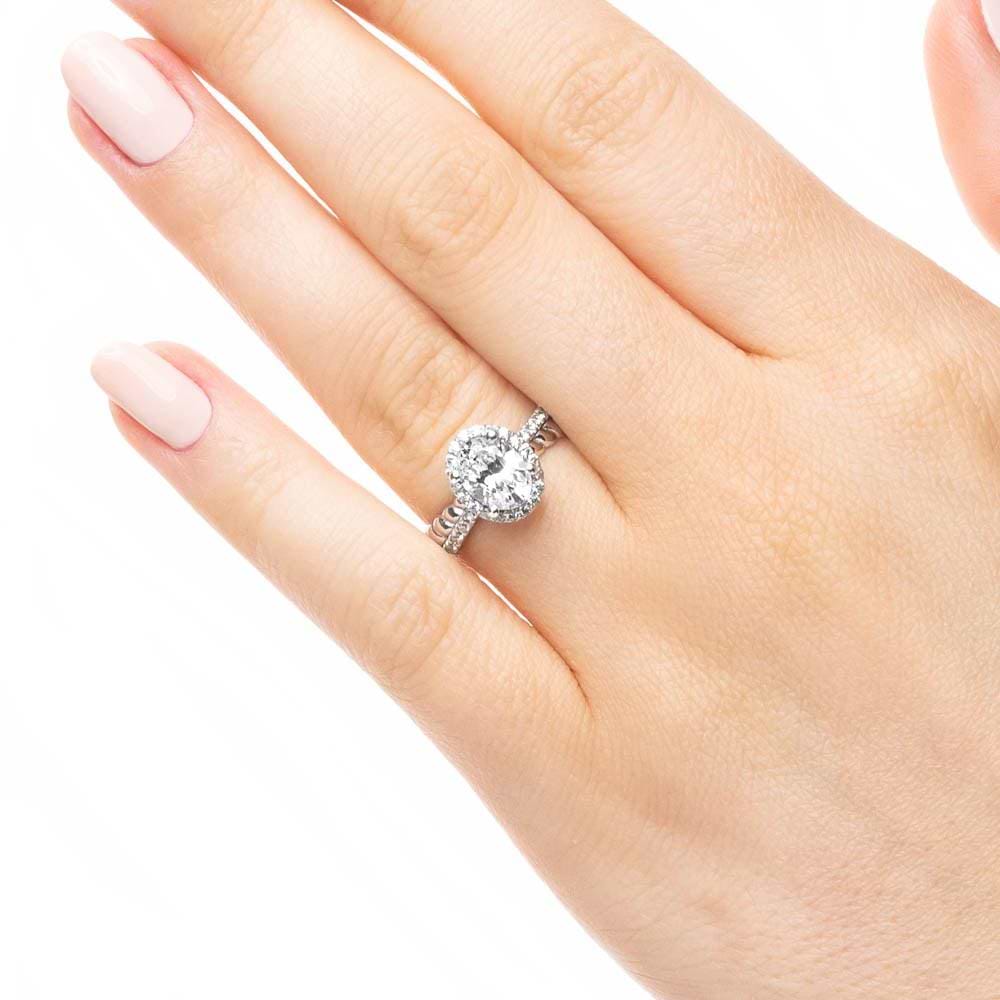 Terwilliger Two Tone Engagement Ring shown with a 1.25ct oval cut Lab-Grown Diamond in recycled 14K white and rose gold. | Terwilliger Two Tone Engagement Ring 1.25ct oval cut Lab-Grown Diamond recycled 14K white and rose gold