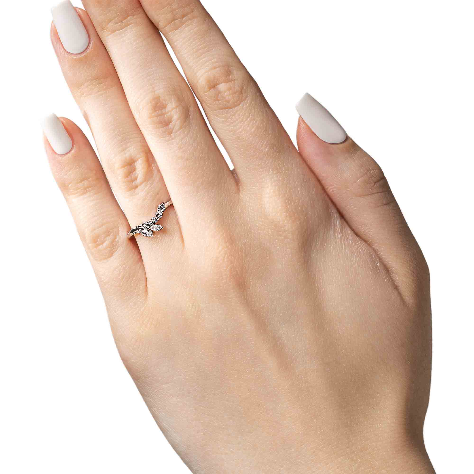 Shown in 14k White Gold|Unique diamond accented wedding band with asymmetrical design with accenting diamonds shown from side