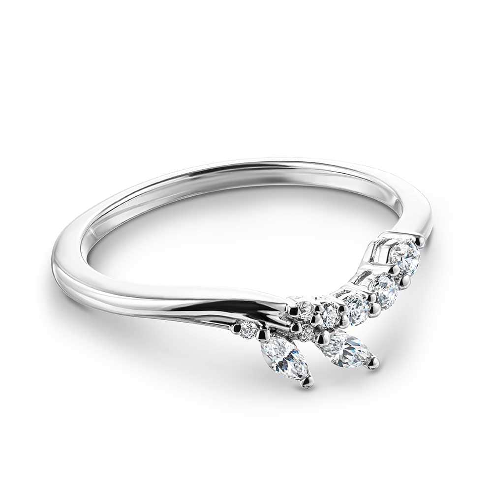 Shown in 14k White Gold|Unique nature inspired diamond accented wedding band with asymmetrical design with accenting diamonds