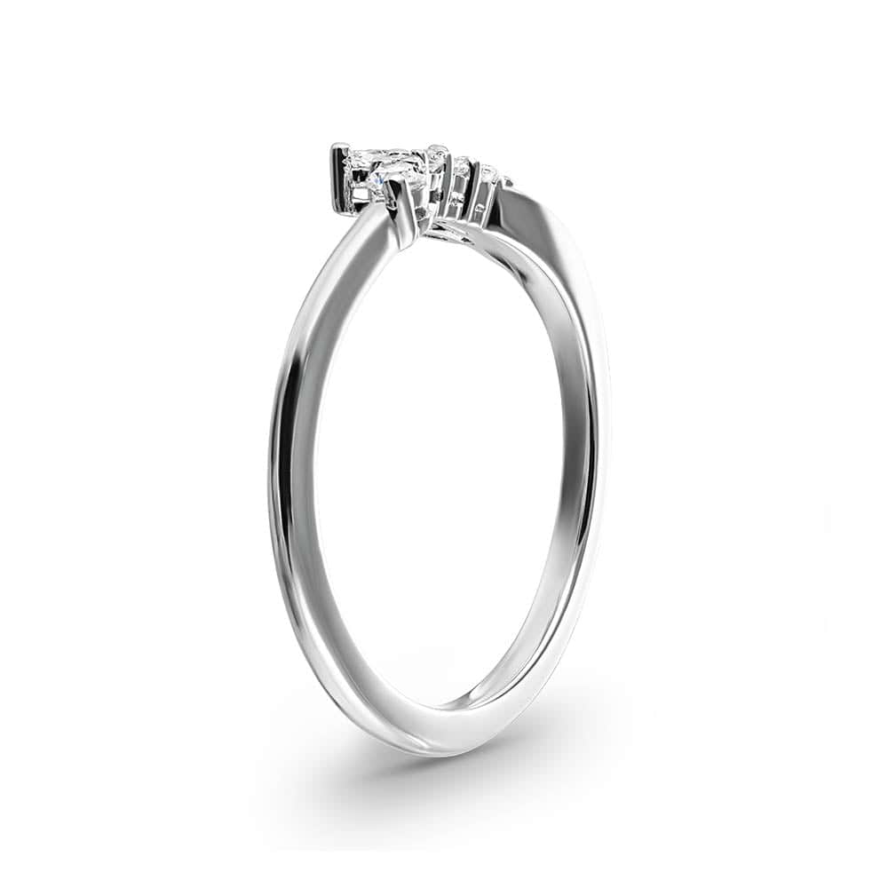 Shown in 14k White Gold|Unique diamond accented wedding band with asymmetrical design with accenting diamonds shown from side