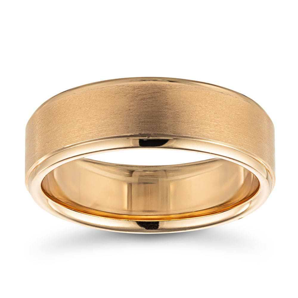 Tyler Marshall Men&#39;s Wedding Band shown in recycled 14K rose gold with a cross satin finish 