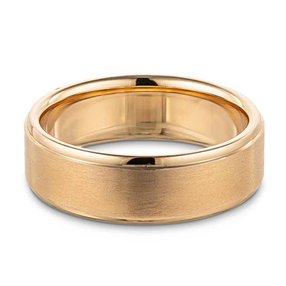 Tyler Marshall Men&#39;s Wedding Band shown in recycled 14K rose gold with a cross satin finish 