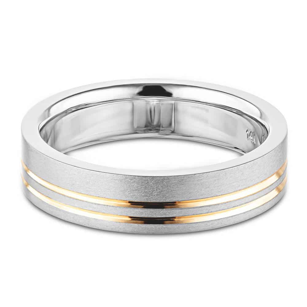 Men&#39;s wedding band in 14K white gold satin finish with two stripes of 14K yellow gold 