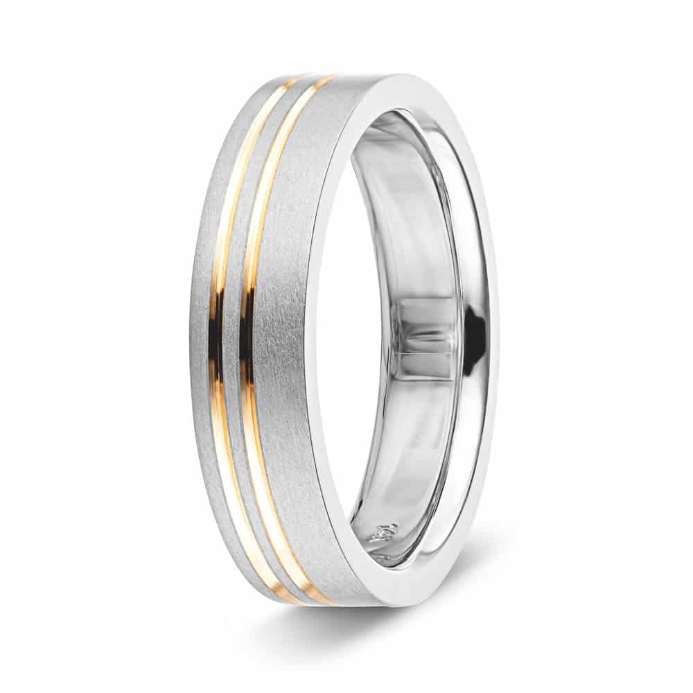 Men&#39;s wedding band in 14K white gold satin finish with two stripes of 14K yellow gold 