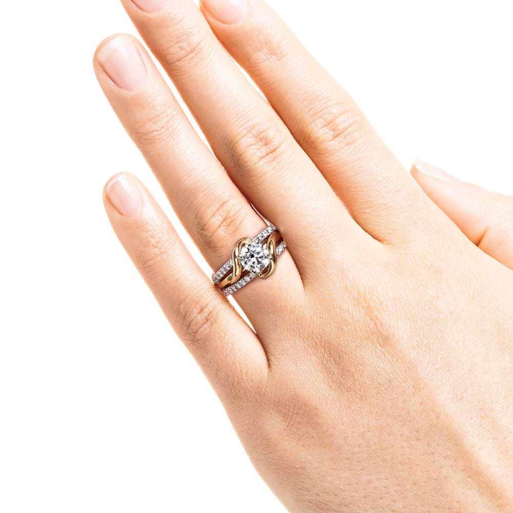 Vine Engagement ring shown with a round cut 1.0ct Lab-Grown Diamond center stone and a recycled 14K white  and rose gold band accented with recycled diamonds | Vine Engagement ring round cut 1.0ct Lab-Grown Diamond center stone recycled 14K white and rose gold band accented with recycled diamonds