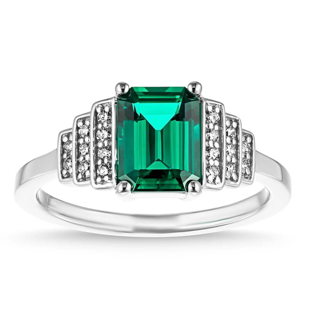 Vivienne Antique Engagement Ring shown with a 1.0ct emerald Lab Grown Gemstone in recycled 14K white gold 