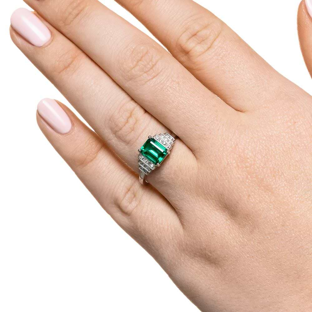 Vivienne Antique Engagement Ring shown with a 1.0ct emerald Lab Grown Gemstone in recycled 14K white gold 