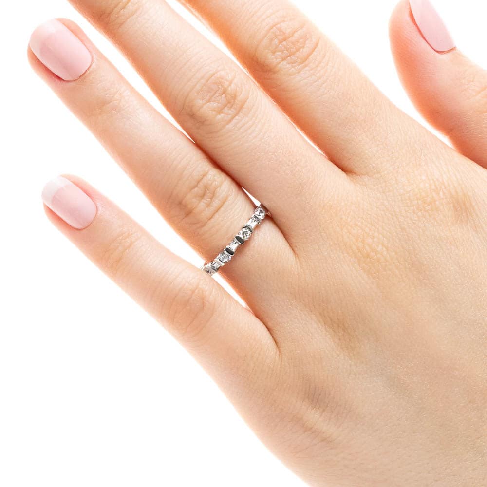 Whimsy Diamond Wedding Band with accenting round and baguette recycled diamonds in recycled 14K white gold | Whimsy diamond edding band accenting round baguette recycled diamonds recycled 14K white gold
