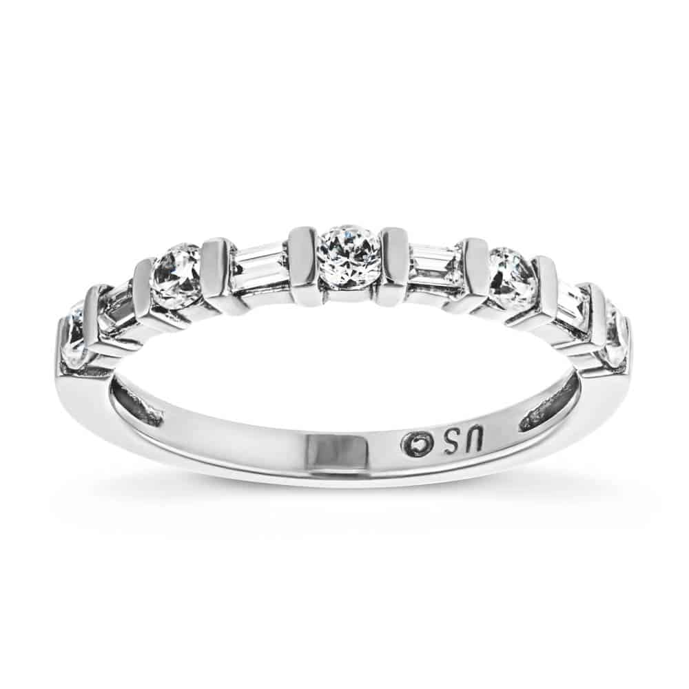 Whimsy Diamond Wedding Band with accenting round and baguette recycled diamonds in recycled 14K white gold | Whimsy diamond edding band accenting round baguette recycled diamonds recycled 14K white gold