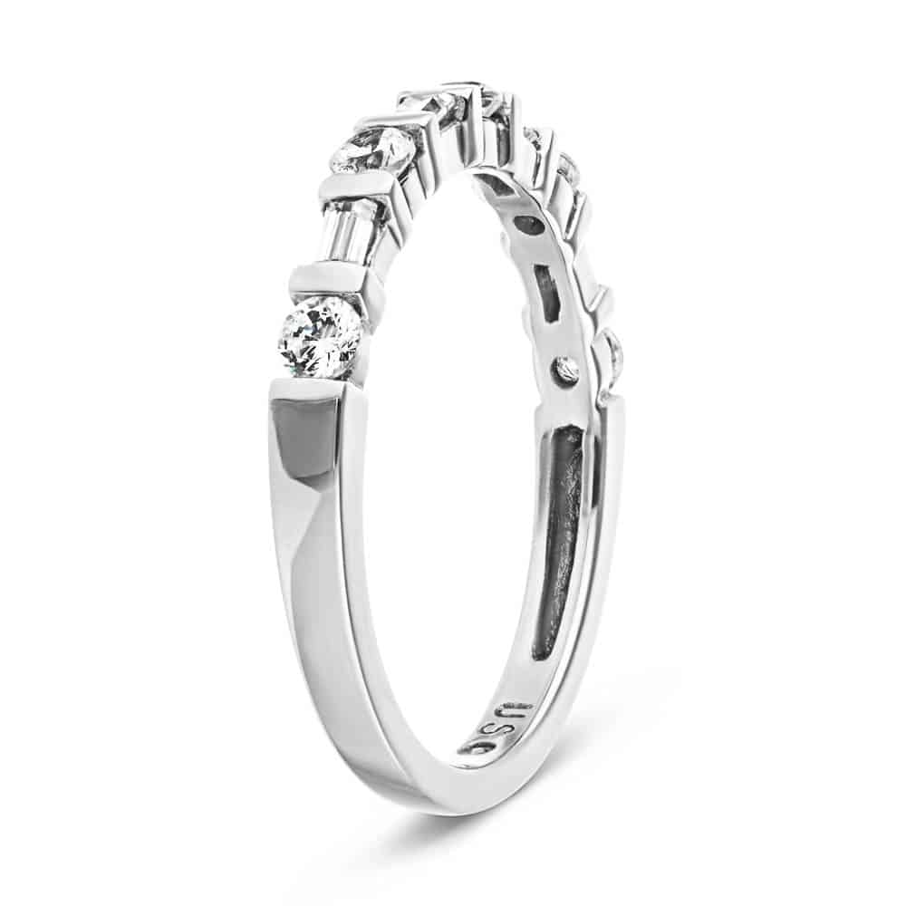 Whimsy Diamond Wedding Band with accenting round and baguette recycled diamonds in recycled 14K white gold | Whimsy diamond edding band accenting round baguette recycled diamonds recycled 14K white gold
