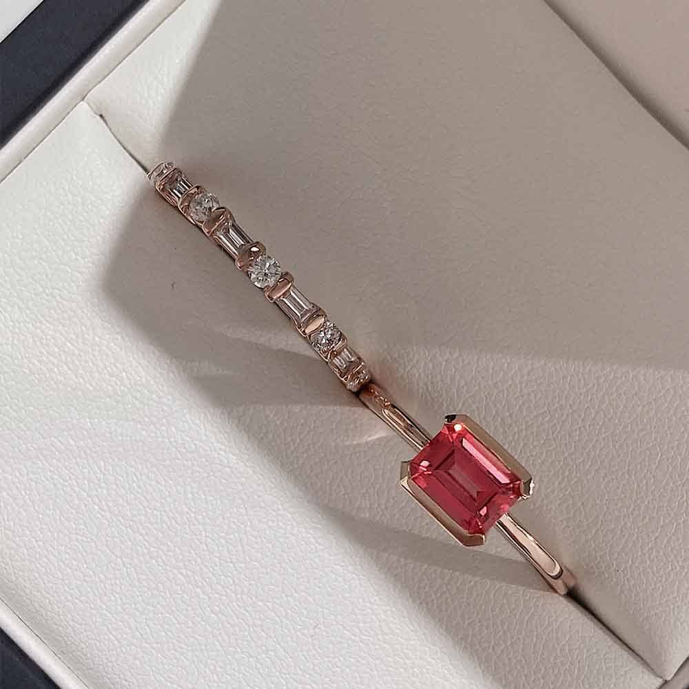 The Whimsy is shown here in 18k rose gold with a custom made engagement ring | Custom Diamond  and Gemstone engagement  ring set