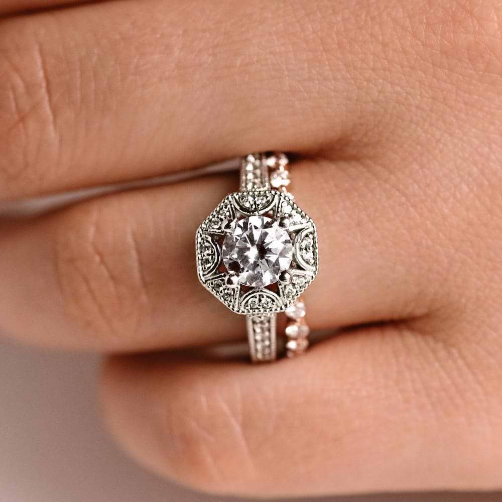 Diamond accented wedding band in recycled 14K rose gold shown with the Morrison Engagement Ring, can be purchased separately | Diamond accented wedding band in recycled 14K rose gold shown with the Morrison Engagement Ring, can be purchased separately