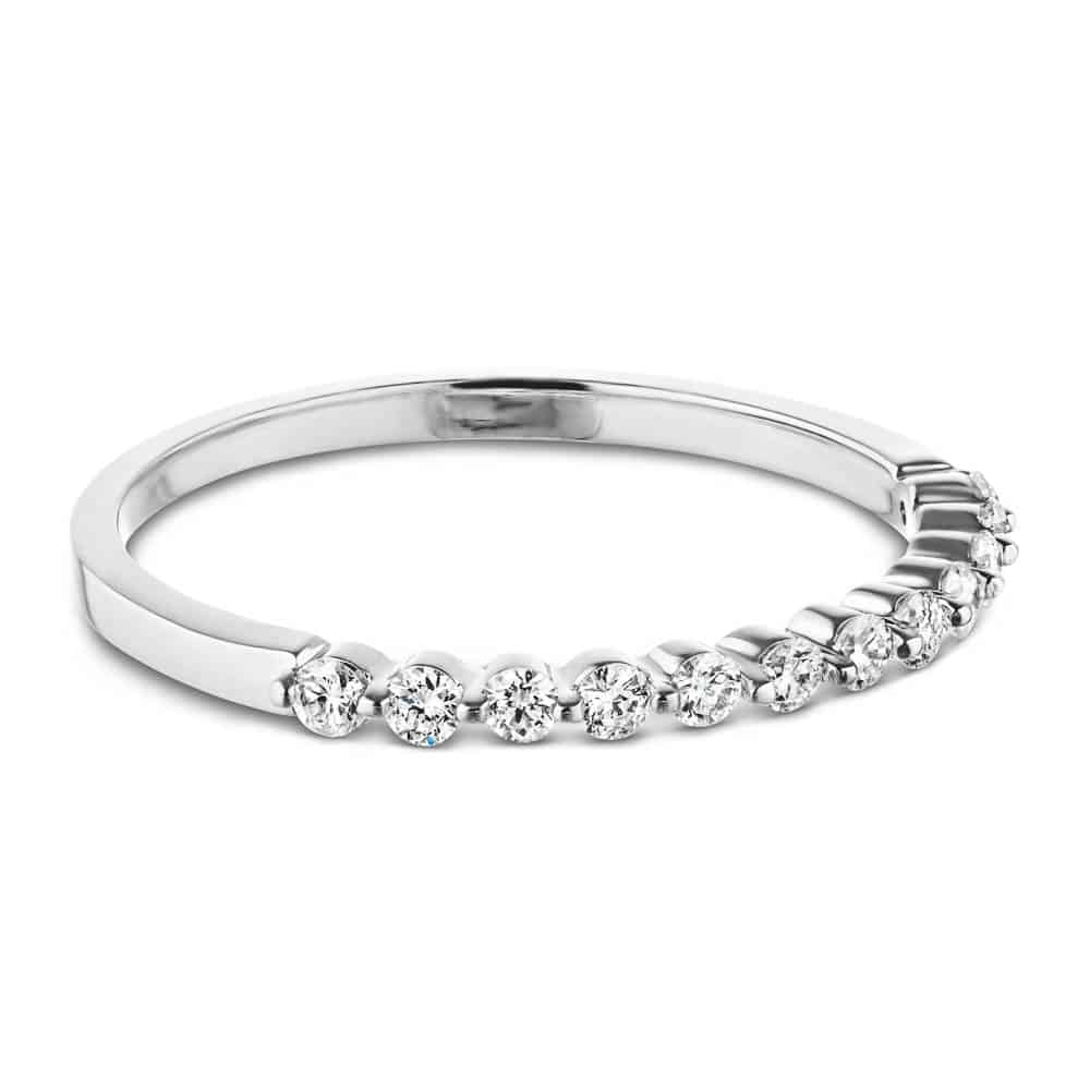 Diamond accented wedding band in recycled 14K white gold made to fit the Willow Engagement Ring 