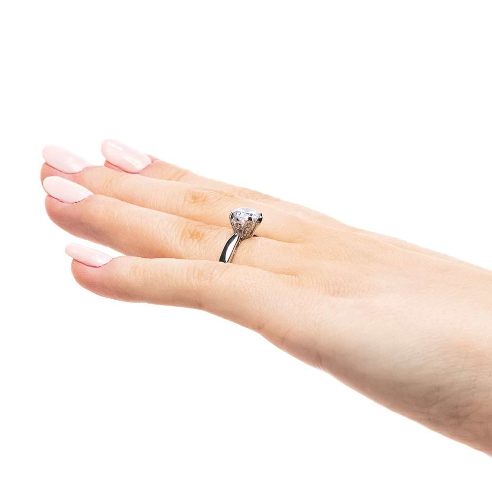 Winter Rose Engagement Ring shown with a 1.50ct round cut Lab-Grown Diamond in 14K rose gold| Winter Rose Engagement Ring 1.50ct round cut Lab-Grown Diamond 14K rose gold