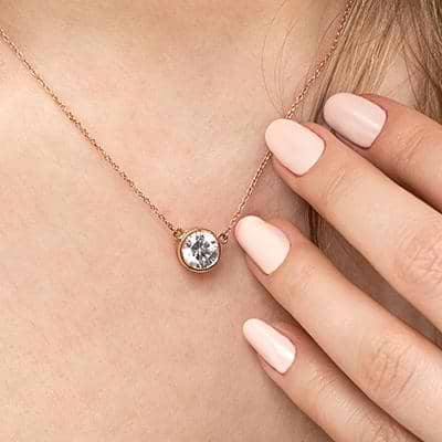 Bezel Pendant shown with a 1.0ct Round cut diamond in 14K rose gold|Bezel Pendant with a 1.0ct Round cut lab diamond in 14K Rose Gold