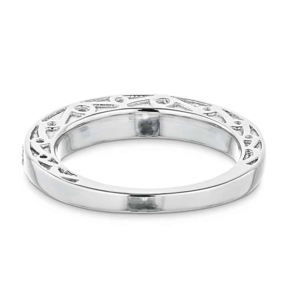 Julie Accented Wedding band with scroll detail and recycled diamonds in recycled 14K white gold 