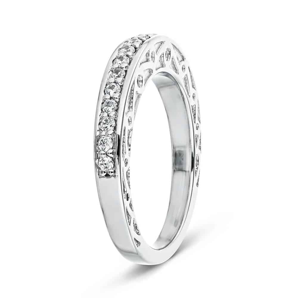 Julie Accented Wedding band with scroll detail and recycled diamonds in recycled 14K white gold 