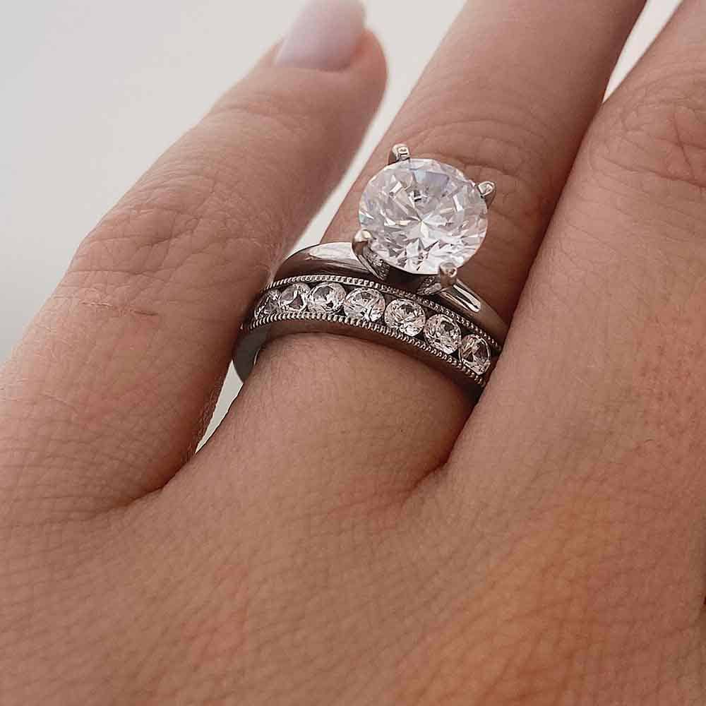 2.0ctw lab-grown diamond milgrain eternity band shown here with our Traditional Engagement Ring | Affordable Diamond Eternity Band Lab-grown Diamonds