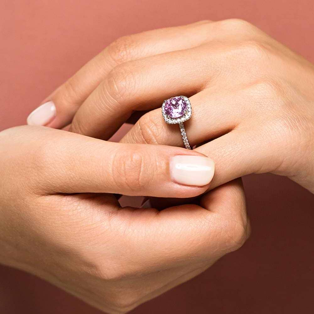 The Venetian Engagement Ring shown here with a 2.75ct Round cut Pink Sapphire Lab Created Gemstone 