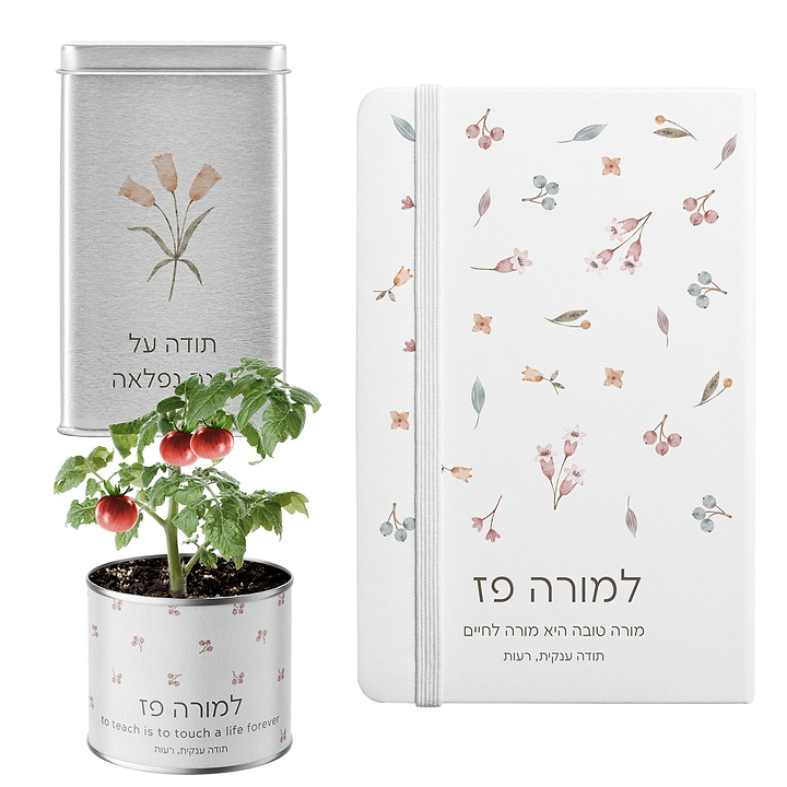 מארז מתנה למורה - מחברת - עציץ - מארז שוקולד - אביב