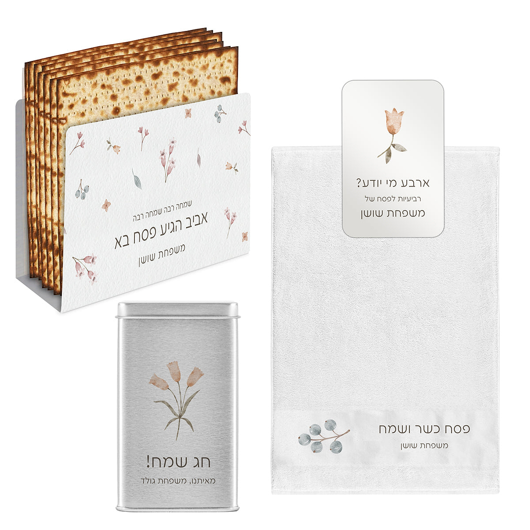 מארז לפסח - מעמד למצות + מגבת מטבח + מארז שוקולד + משחק רביעיות - אביב