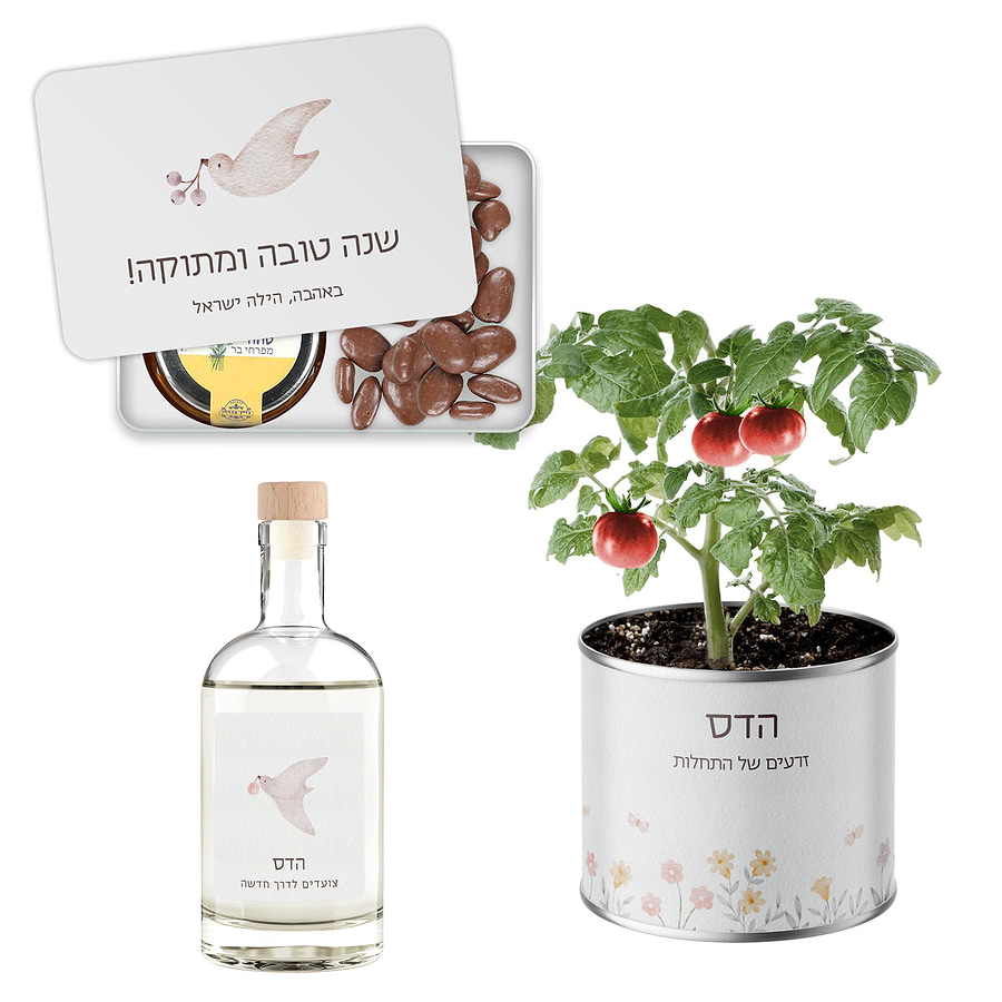 מארז מתנה - עציץ בפחית - מפיץ ריח - מארז דבש ושוקולד מפנק - שלווה