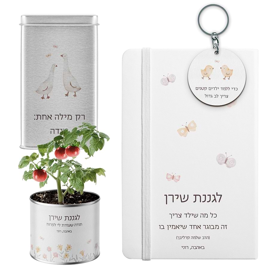 מארז מתנה למורה - מחברת - עציץ - מחזיק מפתחות - מארז שוקולד - שלווה