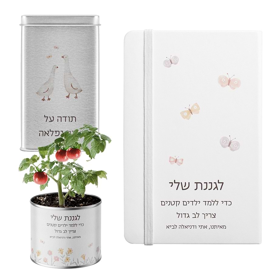מארז מתנה למורה - מחברת - עציץ - מארז שוקולד - שלווה