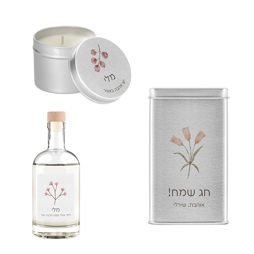 מארז מתנה - נר ריחני קטן - מארז שוקולד - מפיץ ריח - אביב