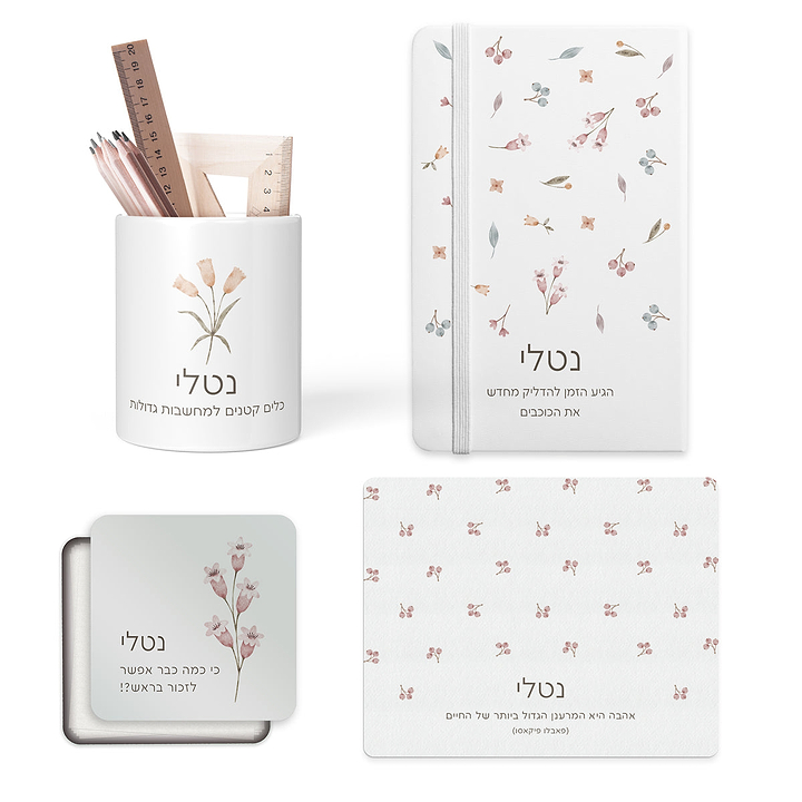מארז מתנה - מחברת + פד לעכבר + כלי למכשירי כתיבה + קופסת דפי ממו - אביב