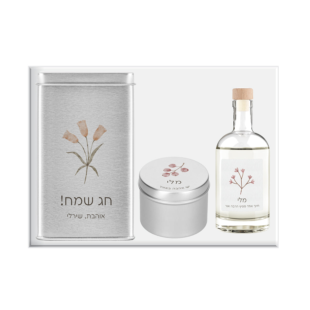 מארז מתנה - נר ריחני קטן - מארז שוקולד - מפיץ ריח - אביב