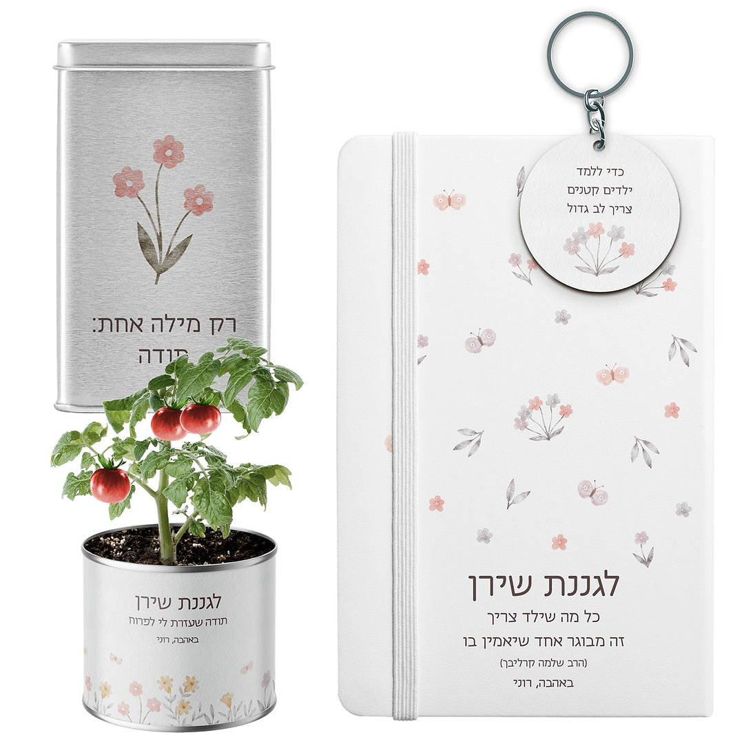 מארז מתנה למורה - מחברת - עציץ - מחזיק מפתחות - מארז שוקולד - שלווה