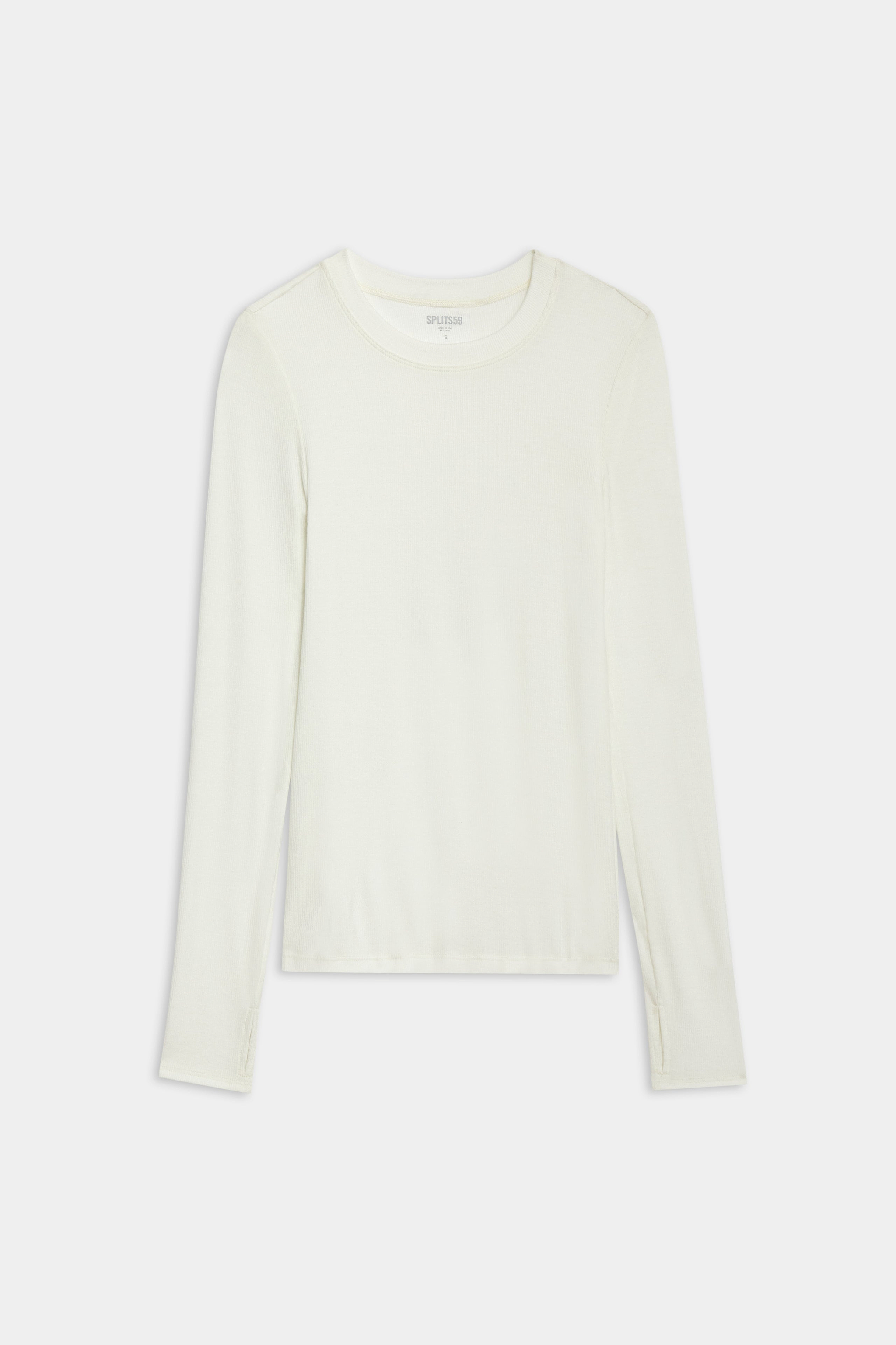 Long-sleeve, crew neck, plain white shirt laid flat against a white background.