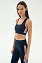 A woman wears the SPLITS59 Lexi Rigor Bra in Indigo/Blush, paired with matching high-waisted leggings featuring pink side stripes, posing against a plain light background.