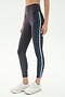 Wearing SPLITS59 Ella High Waist Airweight 7/8 leggings in Graphite/Stone Blue with side stripes and white sneakers, this look is perfect for hot yoga or everyday style against a plain background.